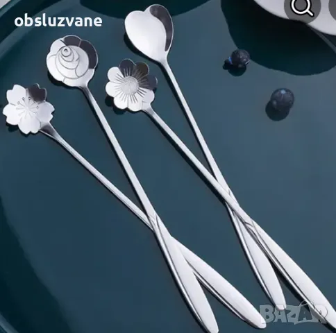 Лъжички за кафе и сладолед къси дръжки Цветя, 4 бр, снимка 1