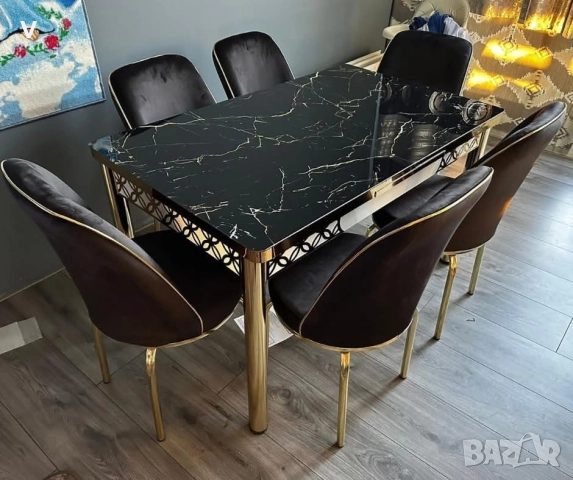 Комплект трапезна кухненска маса + 6 броя черни стола , снимка 4 - Маси - 52964253