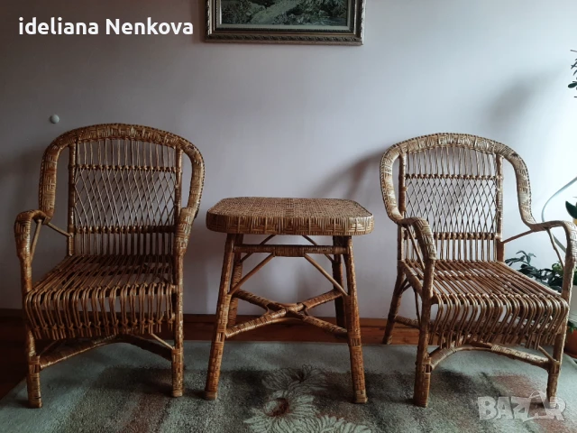 Комплект от маса и две кресла от естествен ратан, снимка 1