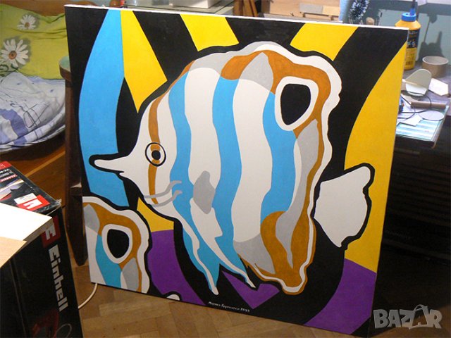 Голяма маслена картина с риба . Худ. Мартин Гергински ., снимка 3 - Картини - 39449713