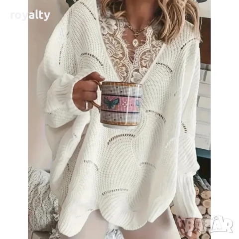 Бял блузон с дантела свободен модел с дълъг ръкав