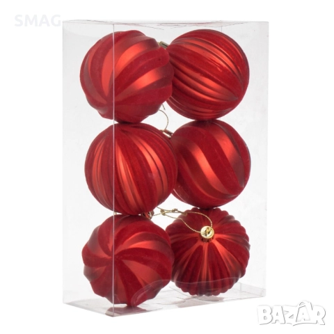 Комплект коледни топки за елха – червени матови с кадифени райета Ø8 см – 6 броя_1241001, снимка 2 - Други - 52353832