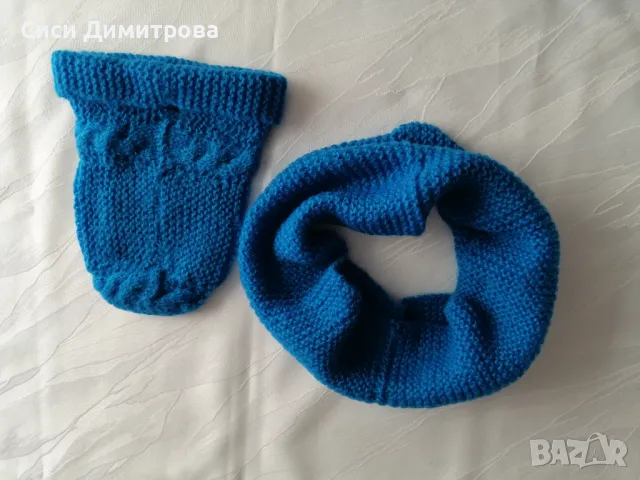 Шапка и шал комплект, ръчно плетиво, снимка 3 - Шапки - 48753743
