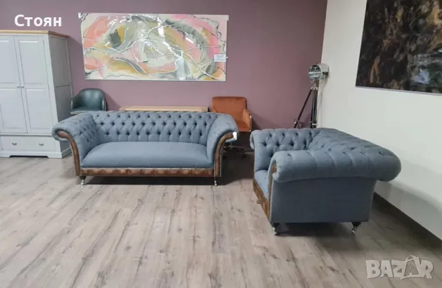 Сив комплект от плат Честърфийлд диван тройка и фотьойл, снимка 5 - Дивани и мека мебел - 50059641