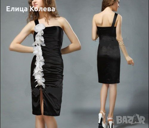 Черна сатенена рокля с бели цветя