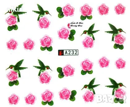 A232 розови рози с врабче ваденки водни стикери слайдери за нокти маникюр