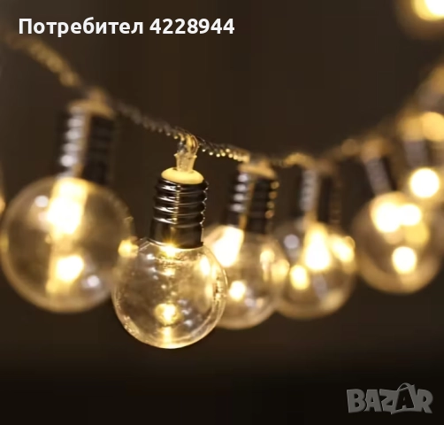 🎄 Коледни лампички гирлянд 3м с 20 LED крушки – топла бяла светлина, на батерии