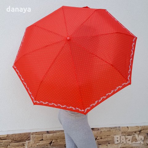 1538 Дамски автоматичен чадър за дъжд на точки с цветя двоен автомат 96см, снимка 2 - Други - 29255414