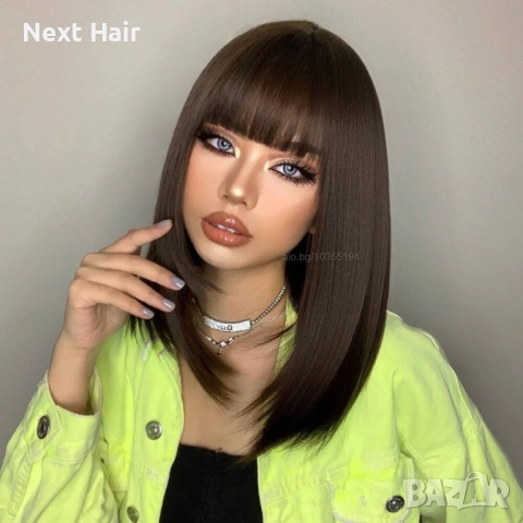 Тъмно кафява 40 см синтетична перука с бретон, снимка 4 - Аксесоари за коса - 52900095