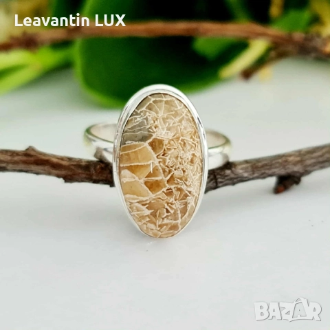 ✨ Сребърен пръстен с фосилен корал Petoskey, снимка 3 - Пръстени - 51682936
