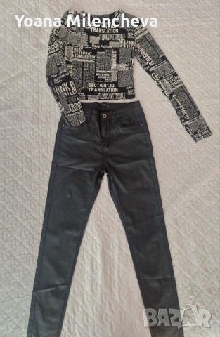 Crop топ вестник принт + кожени skinny дънки