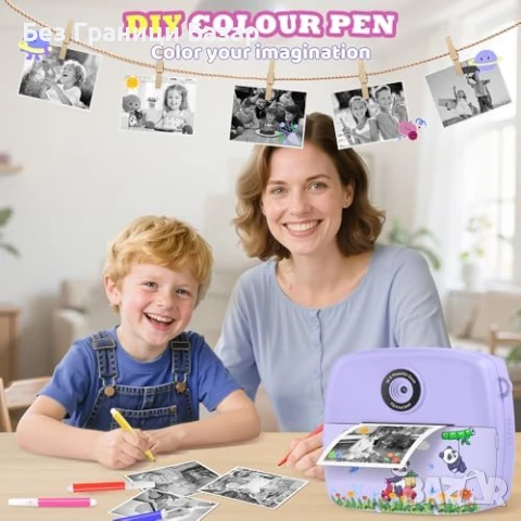 Нова Детска камера с моментен печат 1080P + 32GB + игри (лилава) за деца, снимка 6 - Други - 50940503