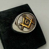 Масонски сребърен пръстен с 24 Карата позлата, масонски знаци, снимка 3 - Пръстени - 31590540