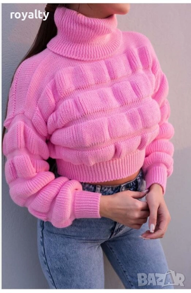 Ефектен розов пуловер с поло, снимка 1