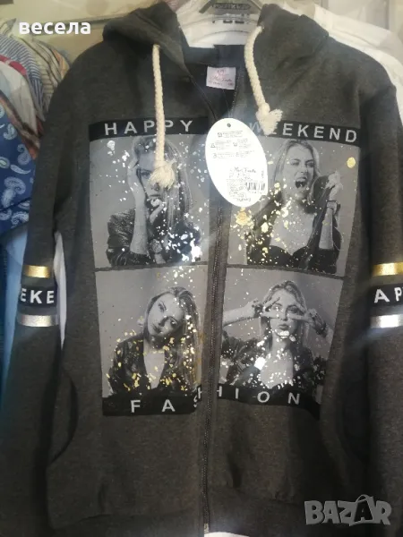 сив суичер за момиче с картинки, има цип и качулка. , снимка 1