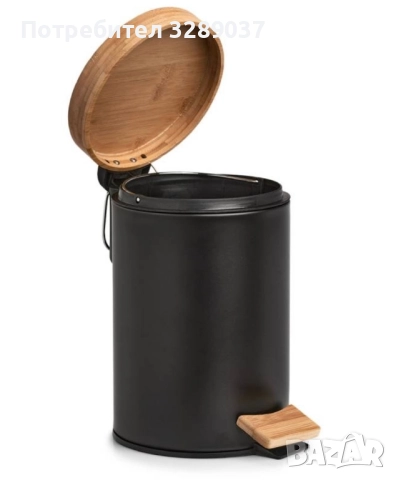 Кош за тоалетна 3л с педал, метал и бамбук черен, снимка 2 - Мопове, кофи, четки и метли - 52274199