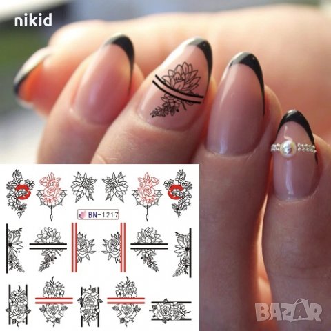 BN- 1217 червен черен контур цветя татос ваденки водни стикери слайдери за нокти маникюр декорация