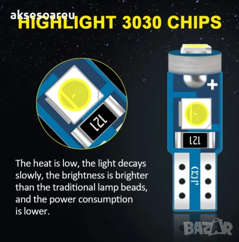 Нови 10 бр. малки габаритни крушки за осветление на арматурно табло T5 3SMD LED супер ярък 3030 LED , снимка 6 - Аксесоари и консумативи - 50391111