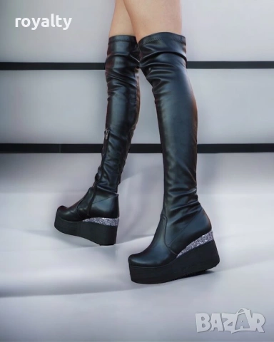 Ботуши на платформа - черна кожа и брокат