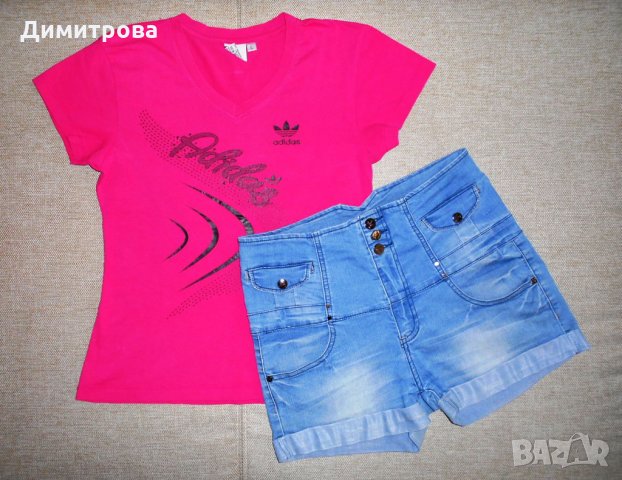 Блуза Adidas и къси дънкови панталони, снимка 1 - Къси панталони и бермуди - 29246174