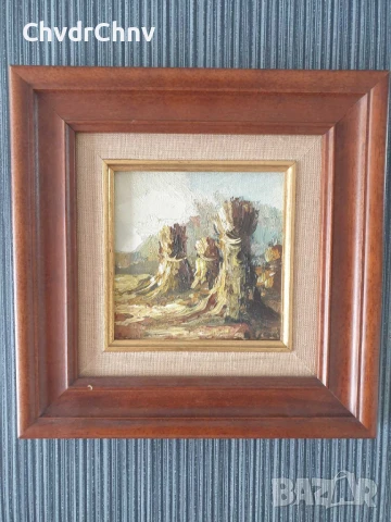 29х29см/малка картина масло върху платно-фазер/поле-сено/импресионизъм/дървена рамка