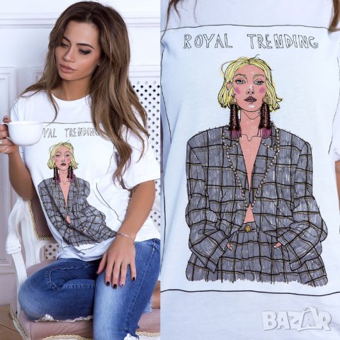 Тениска със щампа на жена със камъни Royal Trending в бял цвят - Размери -М и Л