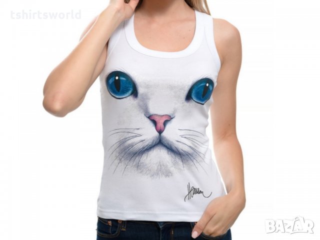 Нов дамски бял потник с 3D принт Котка със сини очи, Х-гръб, прав гръб, снимка 8 - Потници - 28361545