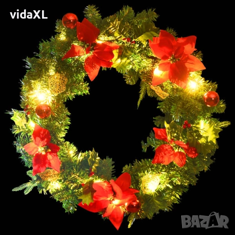 vidaXL Коледен венец с LED светлини зелен 60 см PVC(SKU:321517), снимка 2 - Други - 52623683