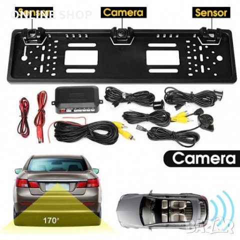 Камера за задно виждане с рамка за номера и 2 датчика за паркиране EU Car plate, снимка 1 - Аксесоари и консумативи - 31258113