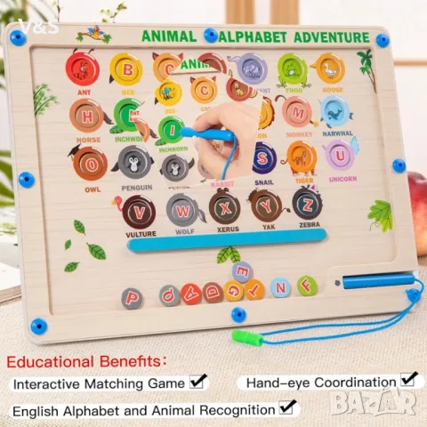  Магнитна азбучна дъска с животни, образователна играчка за фина моторика, английски букви и животни, снимка 2 - Образователни игри - 48332371
