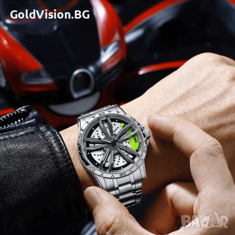 BINBOND Wheel Silver Green – мъжки спортен часовник с въртяща джанта, снимка 2 - Мъжки - 54247949