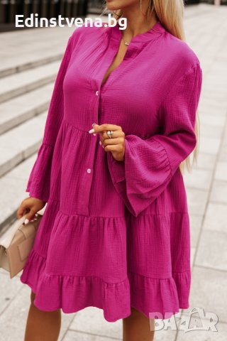 Дамска рокля тип риза в цвят циклама, 100% памук, снимка 5 - Рокли - 44177234