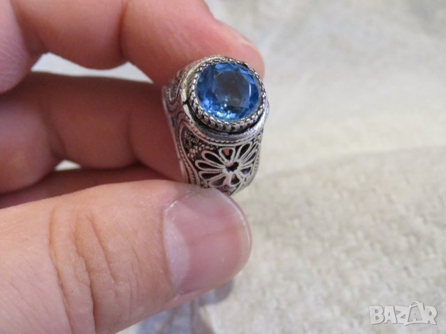 стар голям османски величествен пръстен с филигран син камък, турски сребро, снимка 2 - Пръстени - 29453542