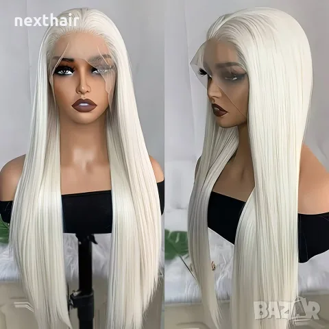 Платинено руса Lace Front перука - дълга права коса 80 см, термоустойчива, дантела 13×4