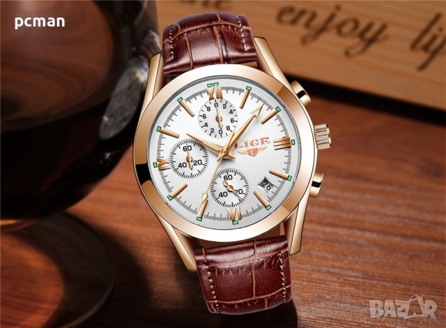 LIGE White Gold 9839 Луксозен мъжки кварцов часовник с кожена каишка, снимка 4 - Мъжки - 40445330