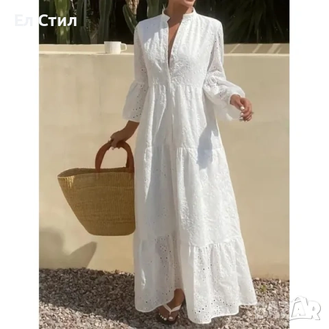 Дълга рокля от английска дантела с дълъг ръкав