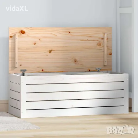 vidaXL Кутия за съхранение, бяла, 89x36,5x33 см, борово дърво масив, снимка 2 - Скринове - 56147933