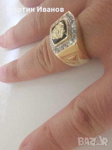 Златен мъжки пръстен с оникс и циркони , снимка 11 - Пръстени - 30831006