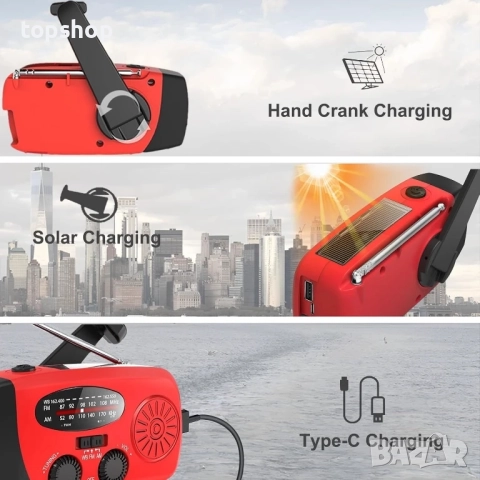 Чисто ново соларно ръчно радио за аварийни ситуации с манивела, преносимо радио NOAA/AM/FM с 3 LED.., снимка 3 - Приемници и антени - 51636400