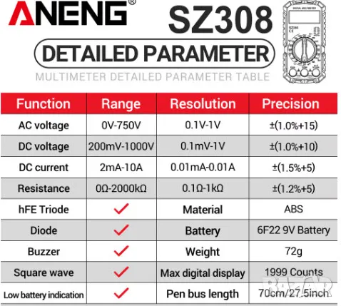 Цифров мултицет ANENG SZ308, снимка 8 - Други инструменти - 48389534