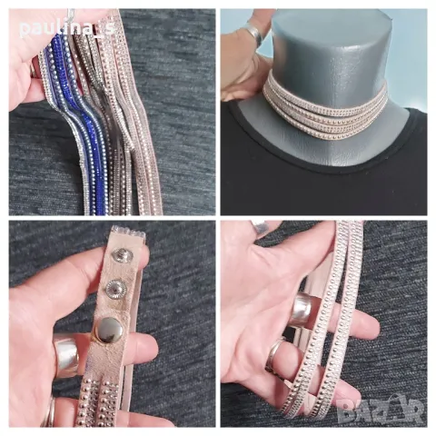 Три броя / Кожено колие тип чокър с камъни и регулация, снимка 4 - Колиета, медальони, синджири - 48672962