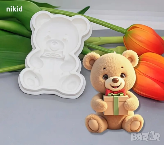 Коледно мече държащо подарък силиконов молд форма фондан гипс декор, снимка 3 - Форми - 52338686