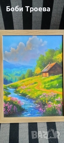 Стилна сцена за стенна декорация - с рамка, с живописен пейзаж с рустична къща и планини, снимка 3 - Картини - 51977628