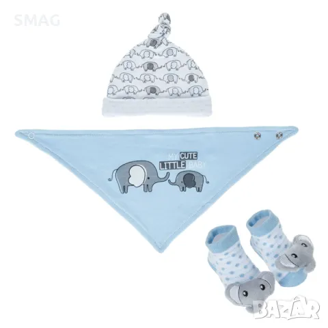 Комплект за новородено Шапка, лигавник и чорапи 3D слонче Небесно синьо бяло S_1225945, снимка 2 - Комплекти за бебе - 49895143