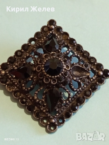 Винтидж брошка с с кристали ЧЕРЕН ОНИКС и филигранна метална основа 52216, снимка 5 - Други - 52573354