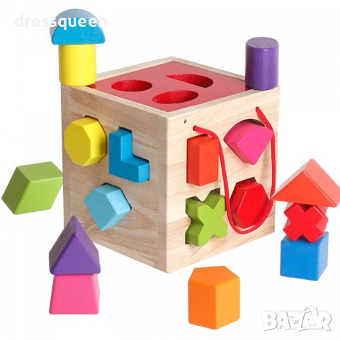 3582 Дървен куб с геометрични фигури, снимка 1 - Фигурки - 37769577