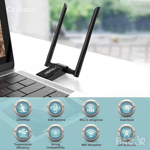 AIGITAL WiFi Безжичен мрежов адаптер 1200Mbps, USB 3.0 WiFi Dongle Dual Band АС 5GHz +2.4GHz, снимка 2 - Мрежови адаптери - 37609208