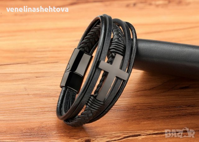 Луксозна мъжка гривна от естествена кожа с кръст кръстче, снимка 3 - Гривни - 37955360