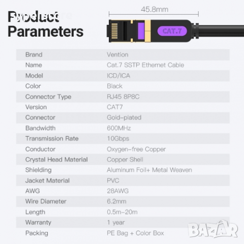 Кабел за Лан мрежа 0.5м Екраниран Vention ICDBD LAN SSTP CAT-7 Черен, снимка 4 - Кабели и адаптери - 36495643