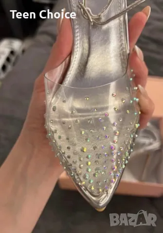 Прозрачни токчета с камъчета, снимка 3 - Дамски обувки на ток - 48523640